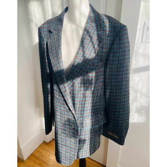 80s DEADSTOCK Designer Calvin Klein Teal Tweed Woven Wool Blend Blazer Coat NWT - Picture 6 of 8